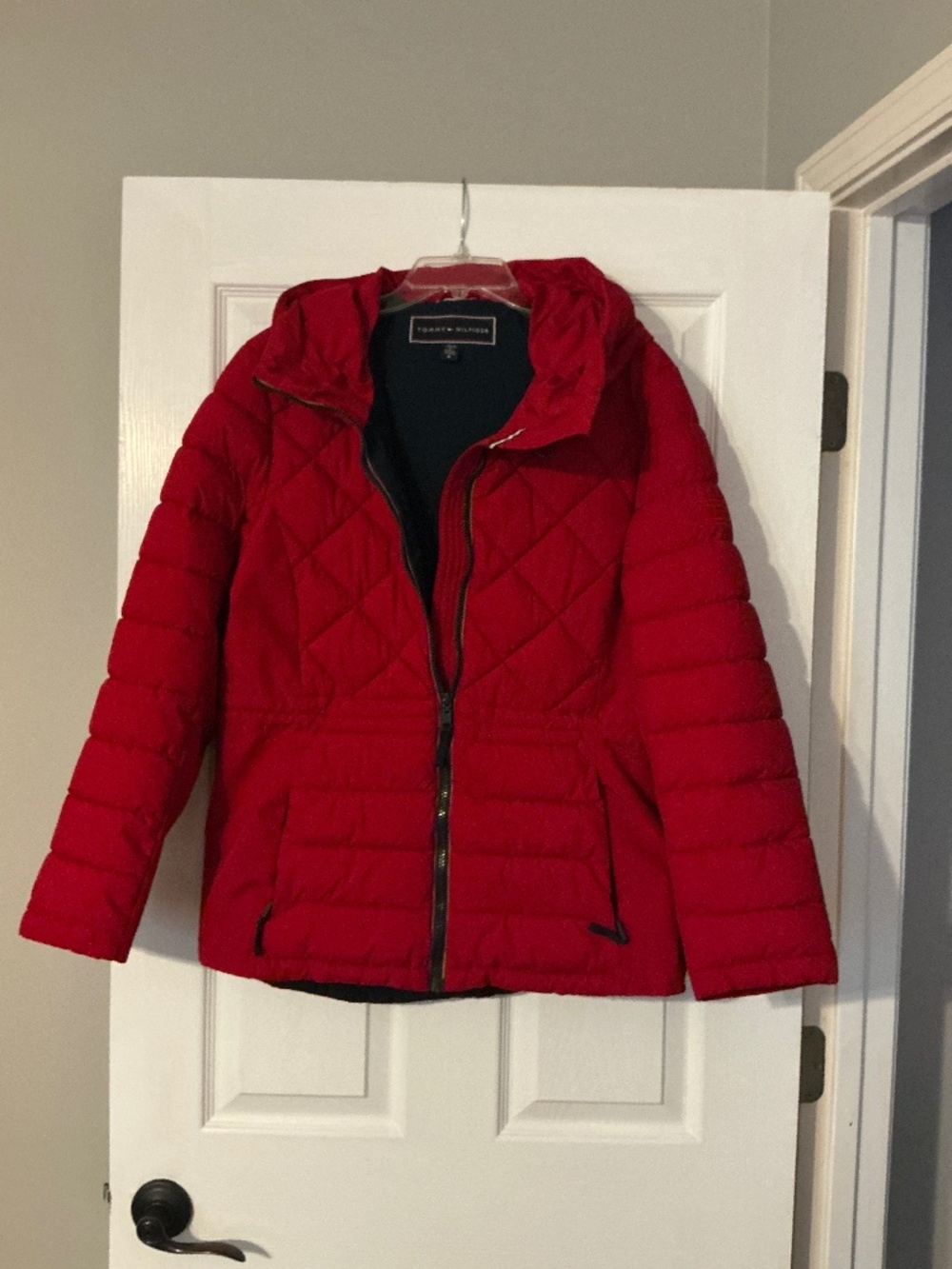 Tommy Hilfiger, women’s large coat with hood, red and navy
